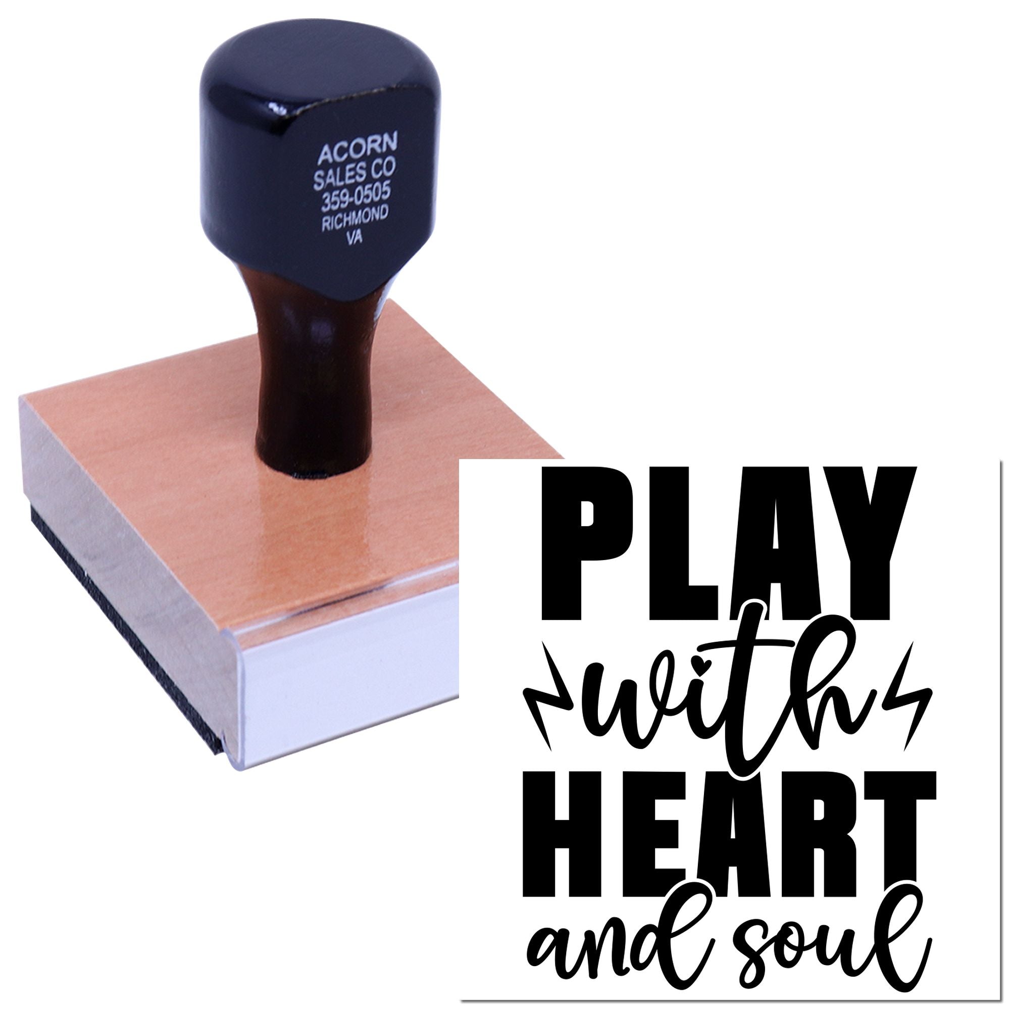 Custom rubber stamp with Play with Heart and Soul design, ideal for personalized stamping and branded craft projects.
