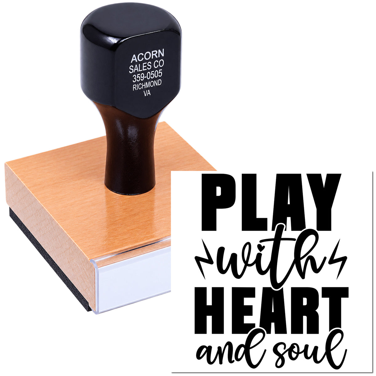 Custom rubber stamp with Play with Heart and Soul design, ideal for personalized stamping and branded craft projects.
