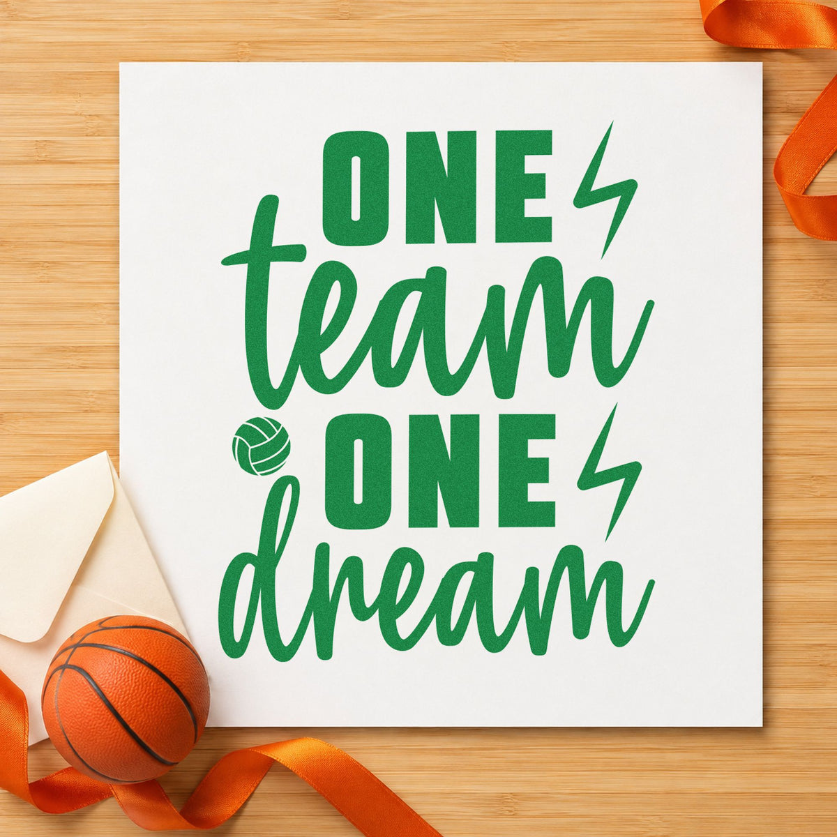 One Team One Dream craft stamp in green ink on cardstock, an easy option for work league album page.