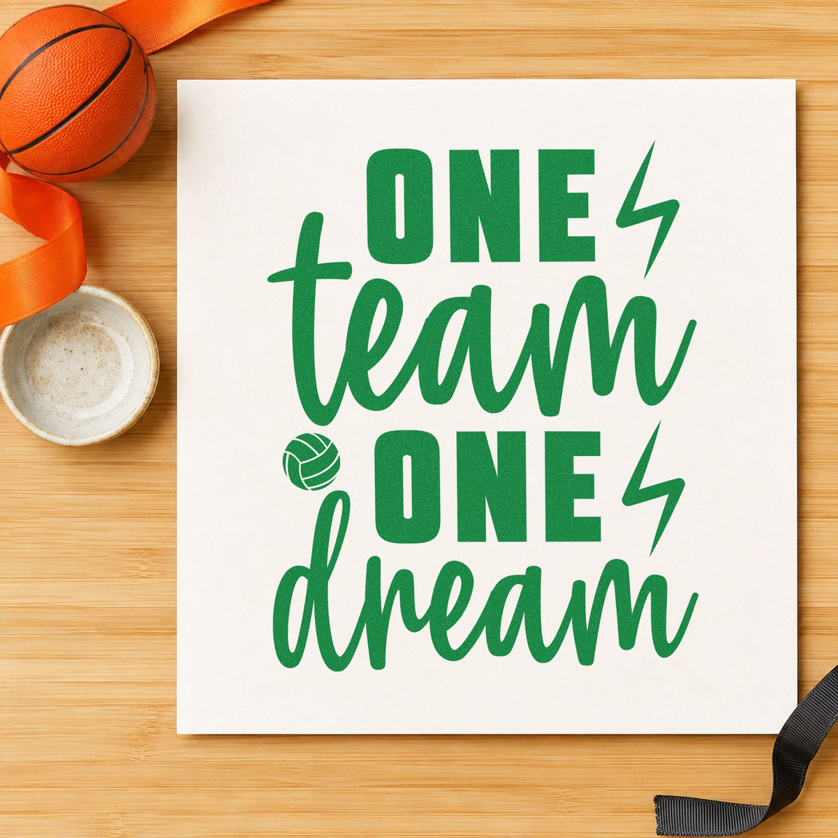 One Team One Dream craft stamp imprint in green ink on a handmade project, one idea being game reminder cards.