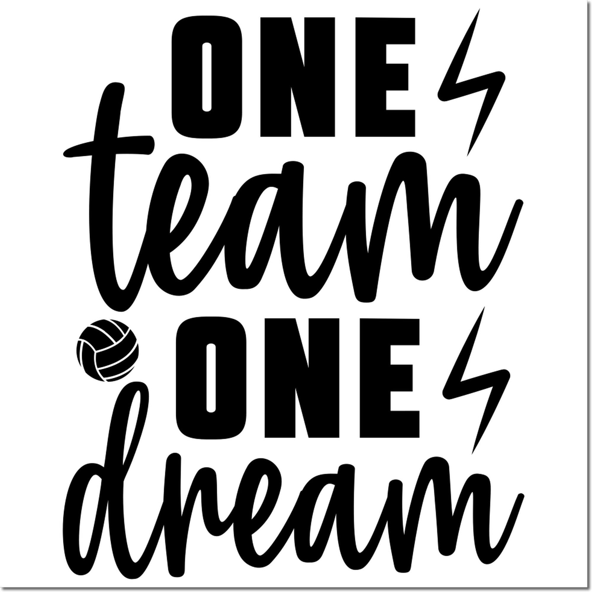 One Team One Dream volleyball rubber stamp design with bold lettering, lightning bolts, and team sports theme