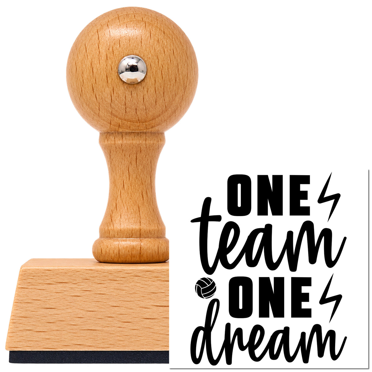 One Team One Dream Volleyball Vintage Pro rubber stamp in European beech wood with a round knob handle, shown beside its black imprint.
