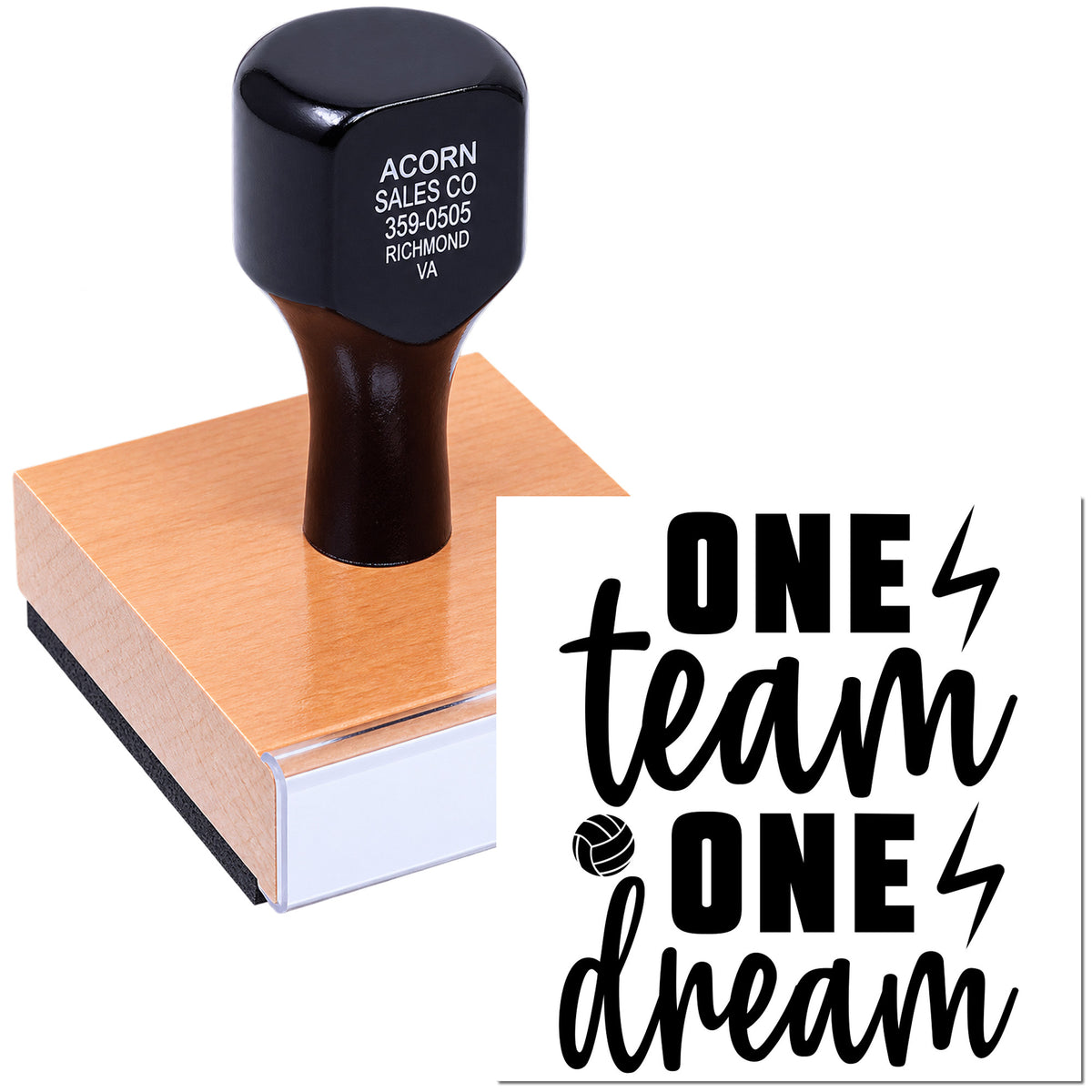 Custom rubber stamp with One Team One Dream sports design for volleyball team branding and motivational messages.