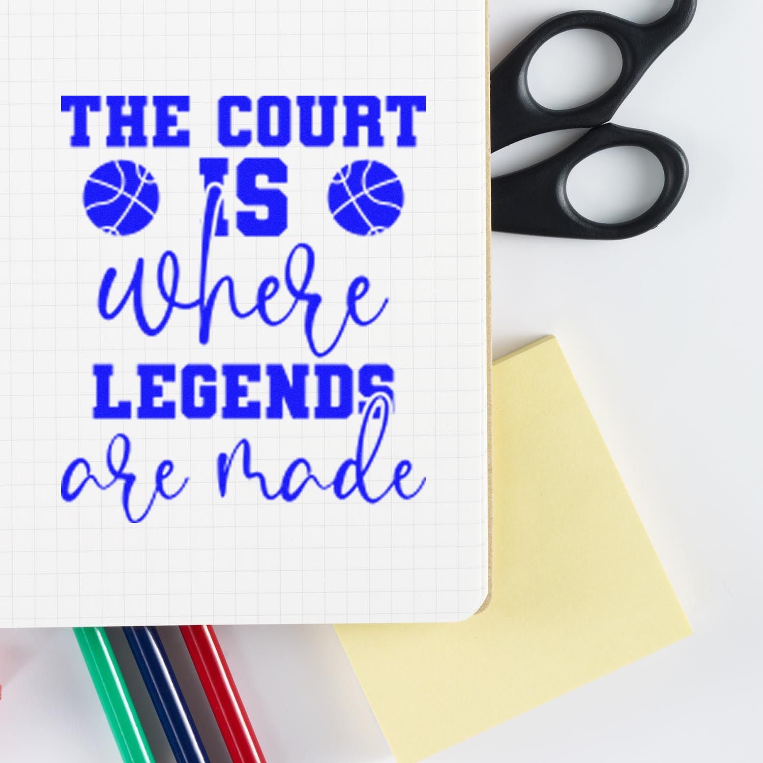 Basketball rubber stamp saying The court is where legends are made for sports journals, coaches, and team stationery.