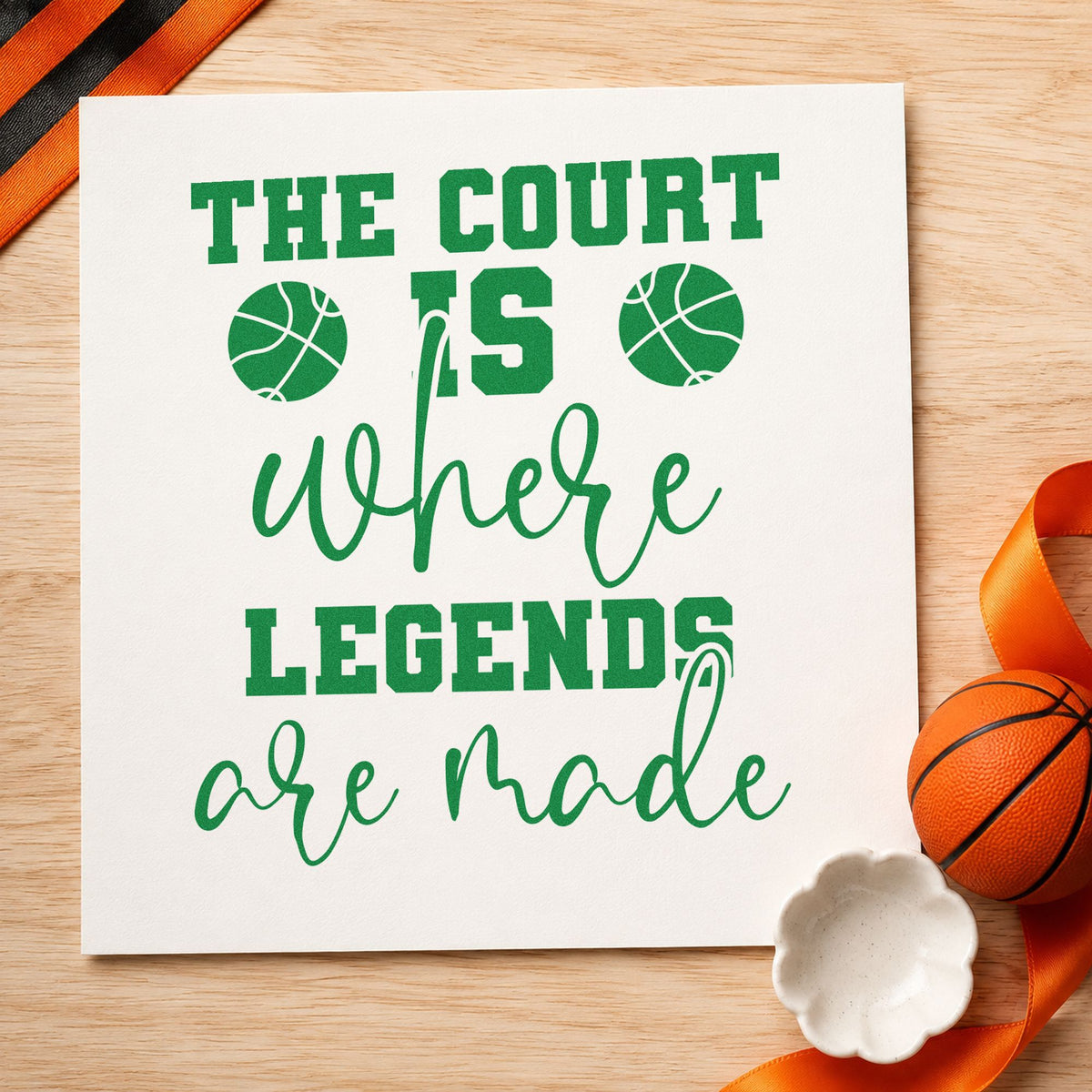 Court Where Legends Made craft stamp imprint in green ink on a handmade project, one idea being citation read cards.