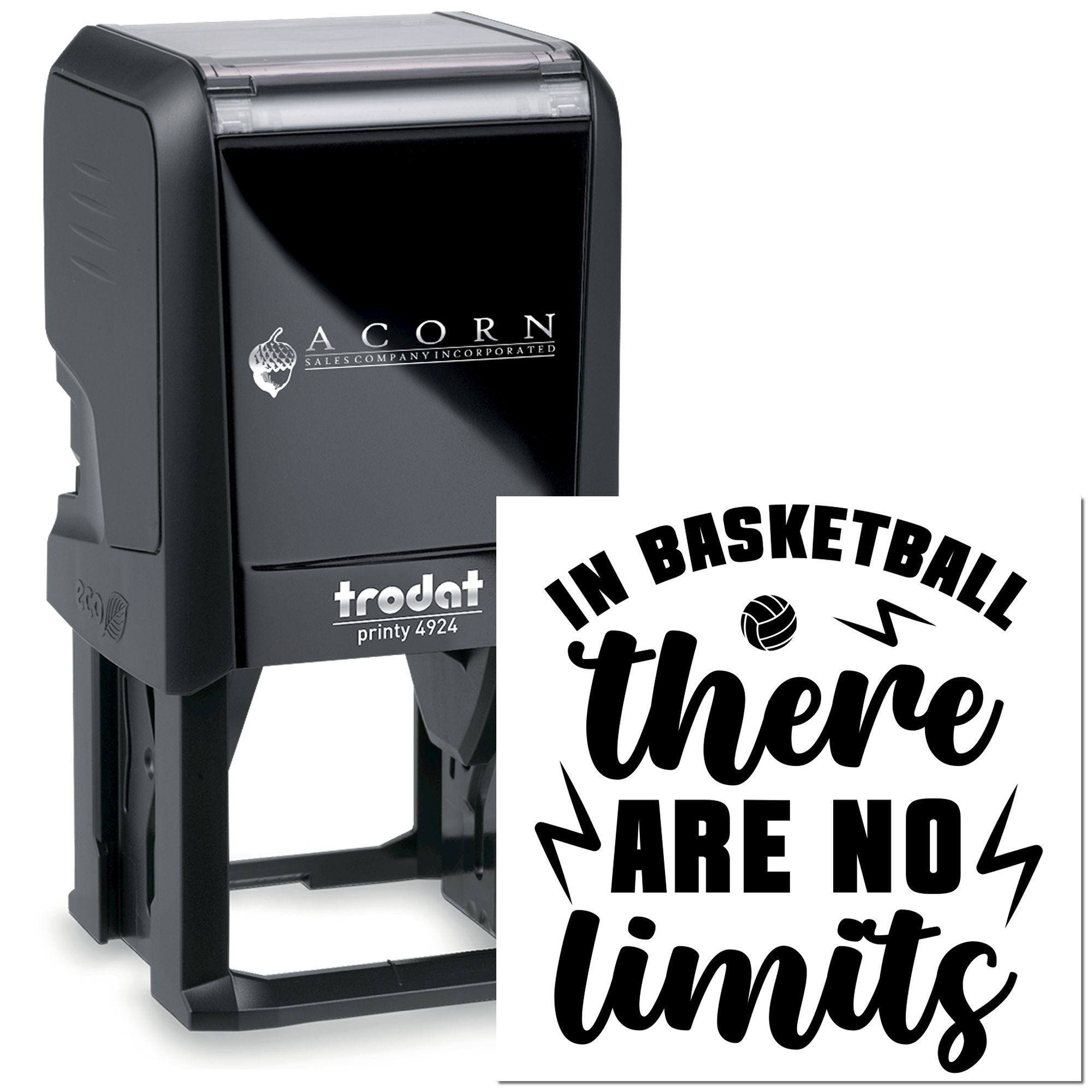 Custom self-inking Trodat Printy 4924 rubber stamp with basketball quote: In basketball there are no limits.