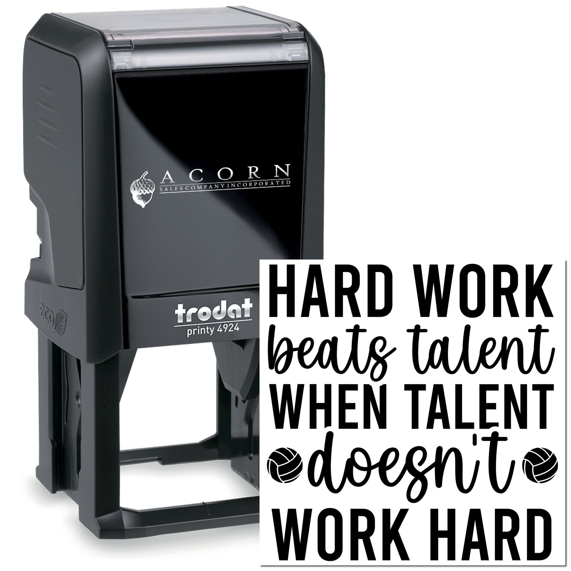 Custom self-inking rubber stamp with motivational quote: Hard work beats talent when talent doesnt work hard.
