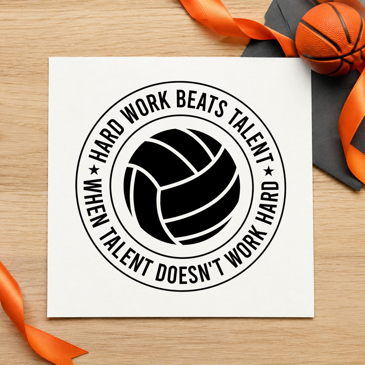 Hard Work Beats Talent rubber stamp printed in black ink, ready for bordered badge cards and similar paper crafts.