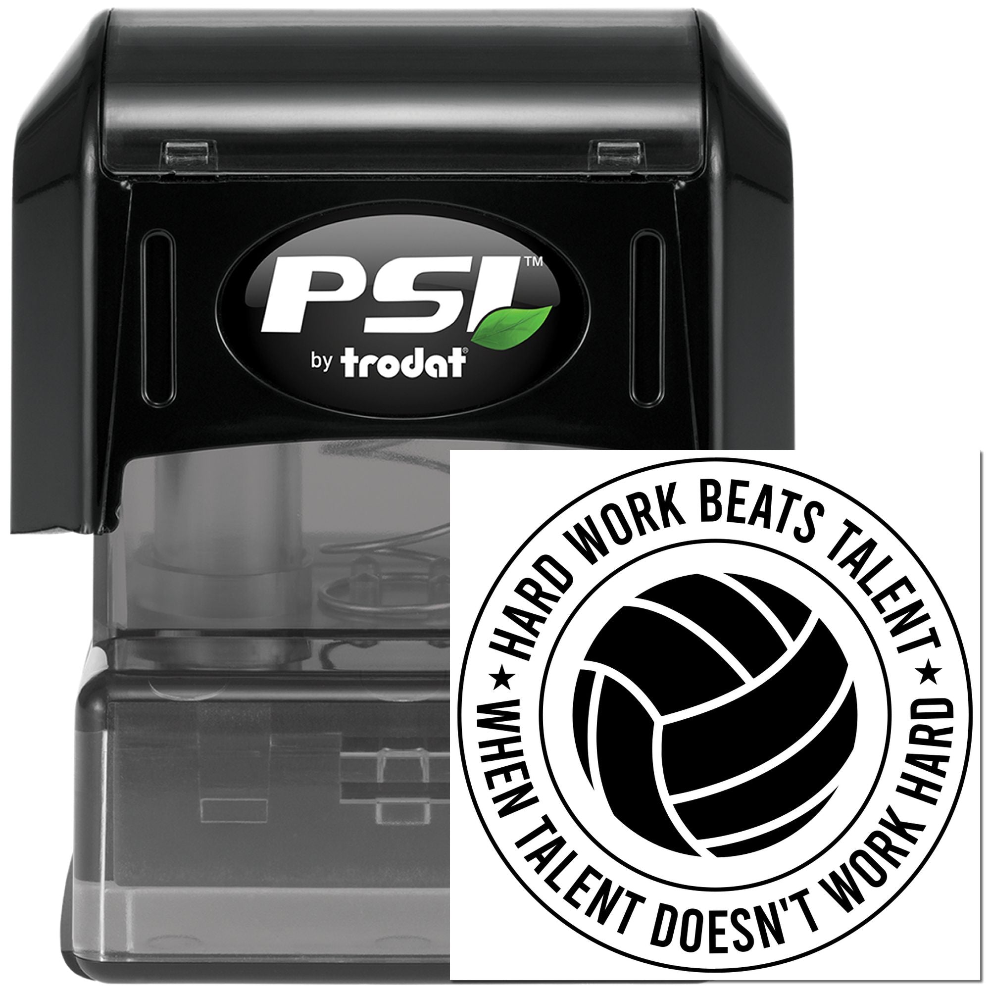 PSI by Trodat self-inking rubber stamp with volleyball motivational message, Hard work beats talent... for coaches and teams