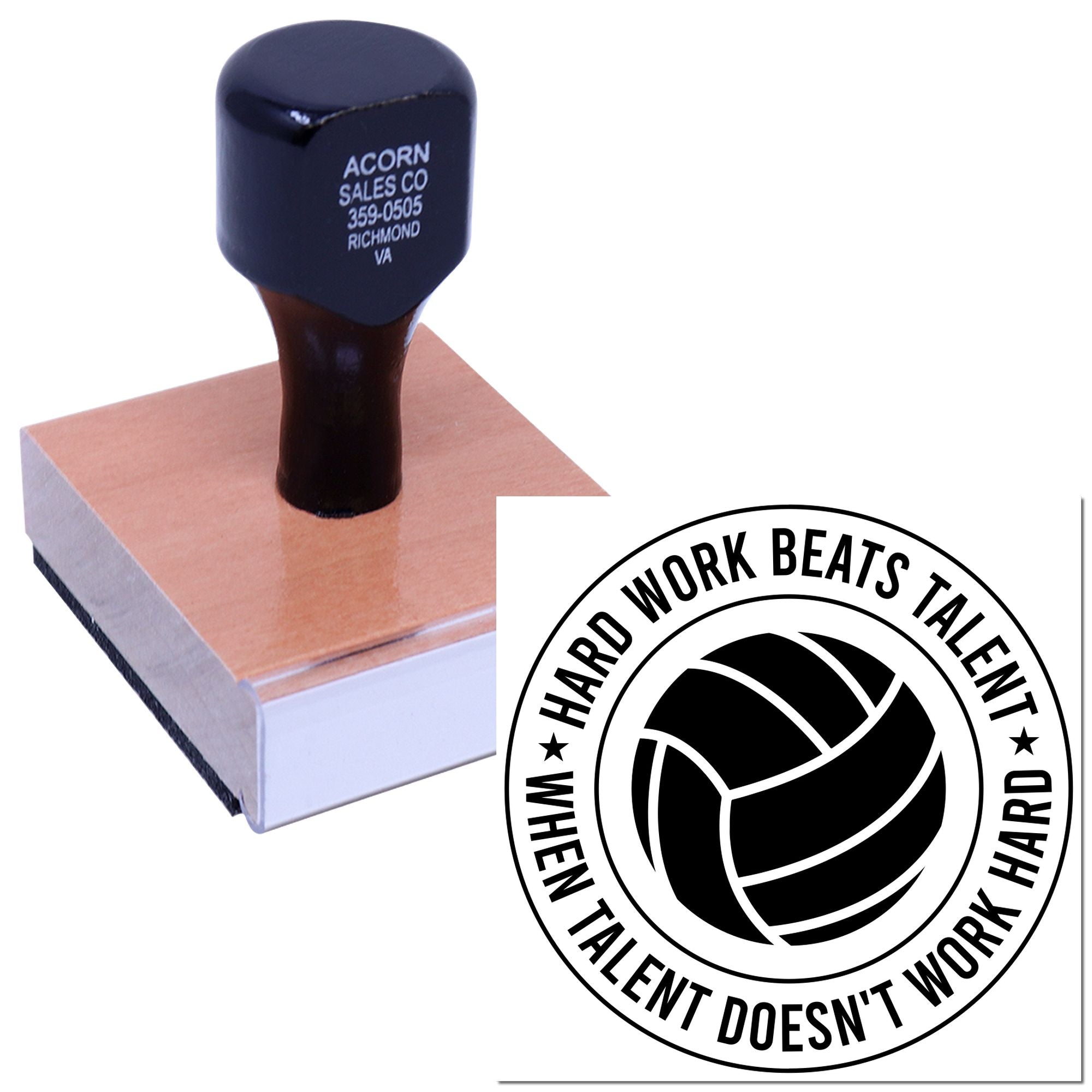 Custom rubber stamp impression with motivational volleyball logo and quote: Hard work beats talent when talent doesnt work hard.