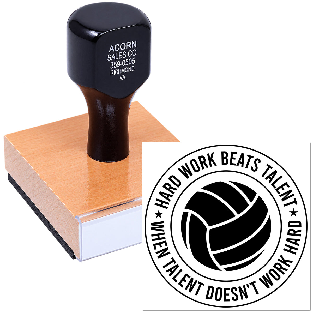Custom rubber stamp impression with motivational volleyball logo and quote: Hard work beats talent when talent doesnt work hard.