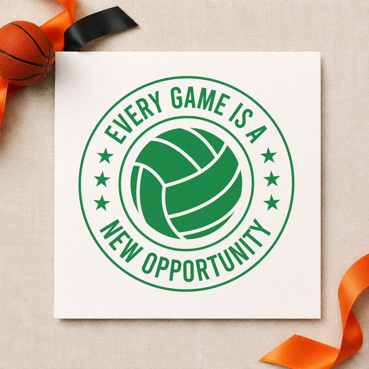 Every Game New Opportunity craft stamp in green ink on cardstock, an easy option for grass event album page.