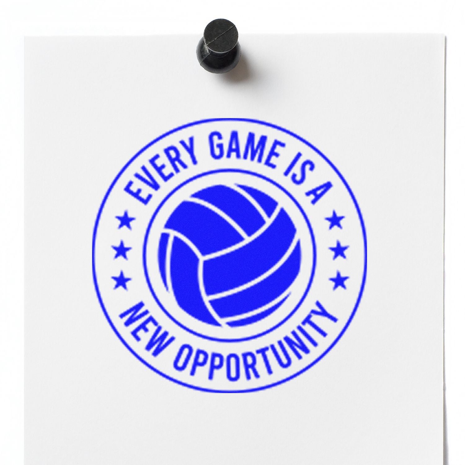 Volleyball rubber stamp imprint reading Every Game Is a New Opportunity for sports motivation and team branding.