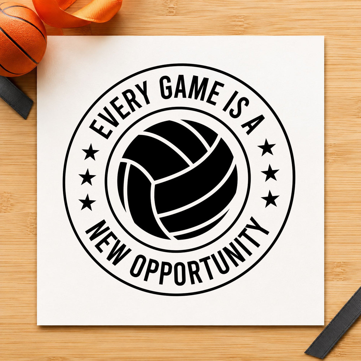Every Game New Opportunity craft stamp imprint in black ink on a handmade project, one idea being team bag gift tags.