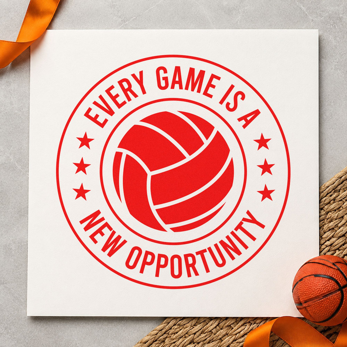 Every Game New Opportunity rubber stamp shown in red ink, stamped for projects such as bin court labels.