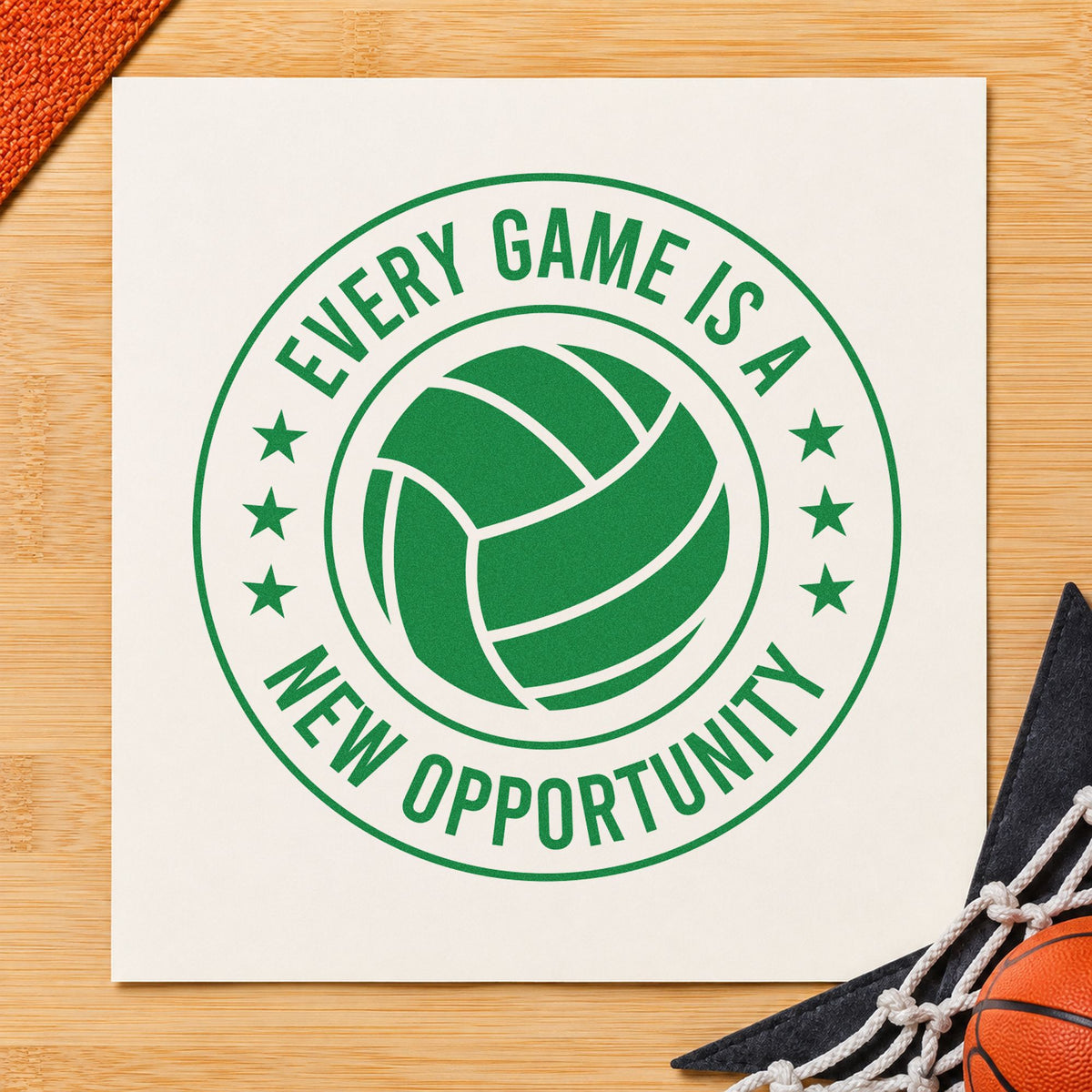Every Game New Opportunity craft stamp imprint in green ink on a handmade project, one idea being pool play cards.