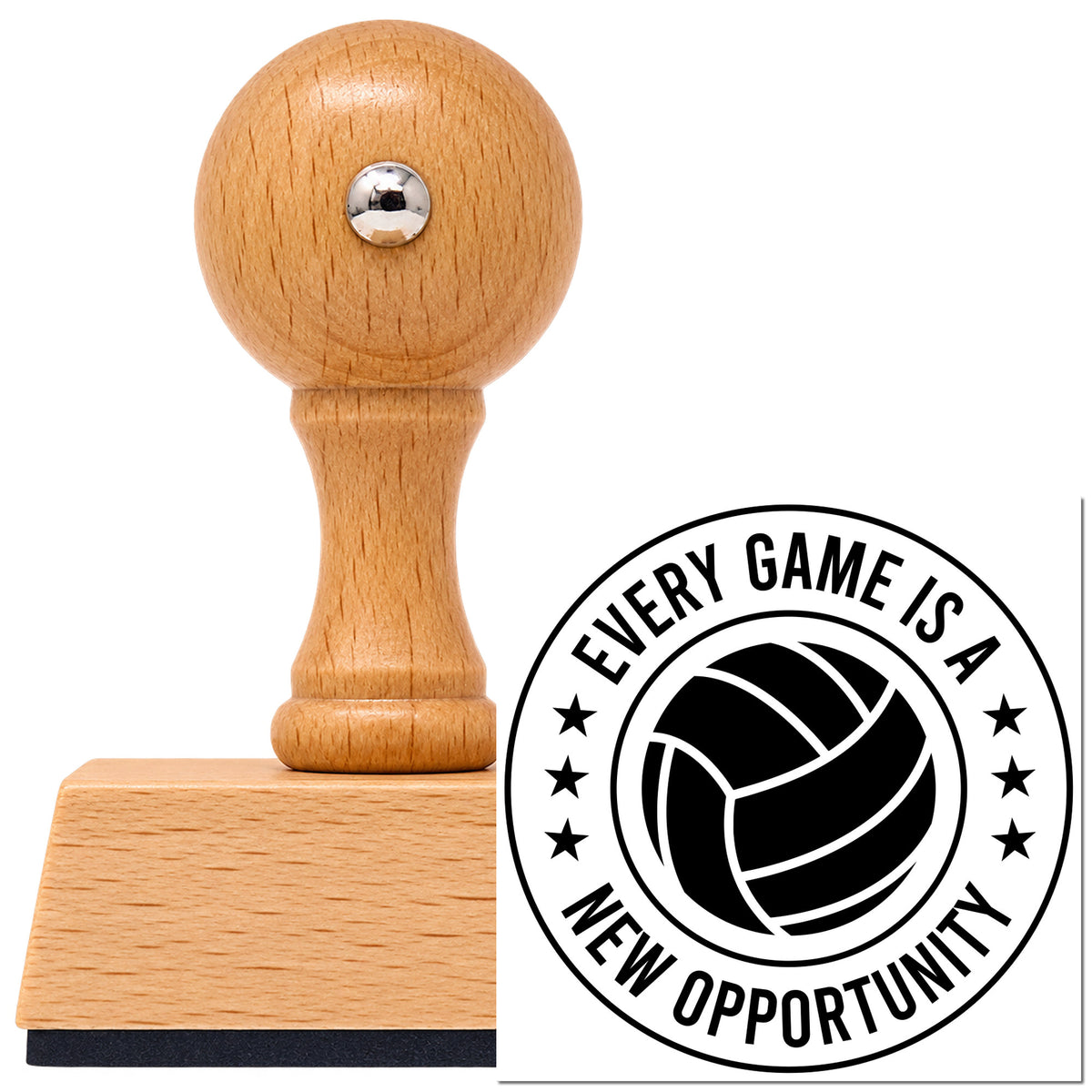 Every Game Is A New Opportunity Badge Vintage Pro rubber stamp in European beech wood with a round knob handle, shown beside its black imprint.