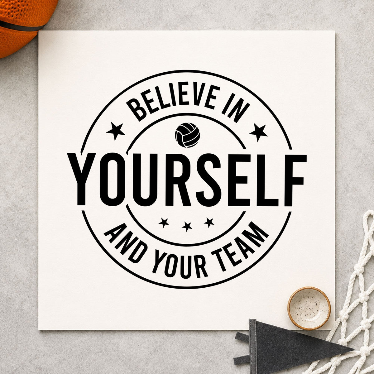 Believe Yourself Your Team craft stamp imprint in black ink on a handmade project, one idea being water bottle tags.