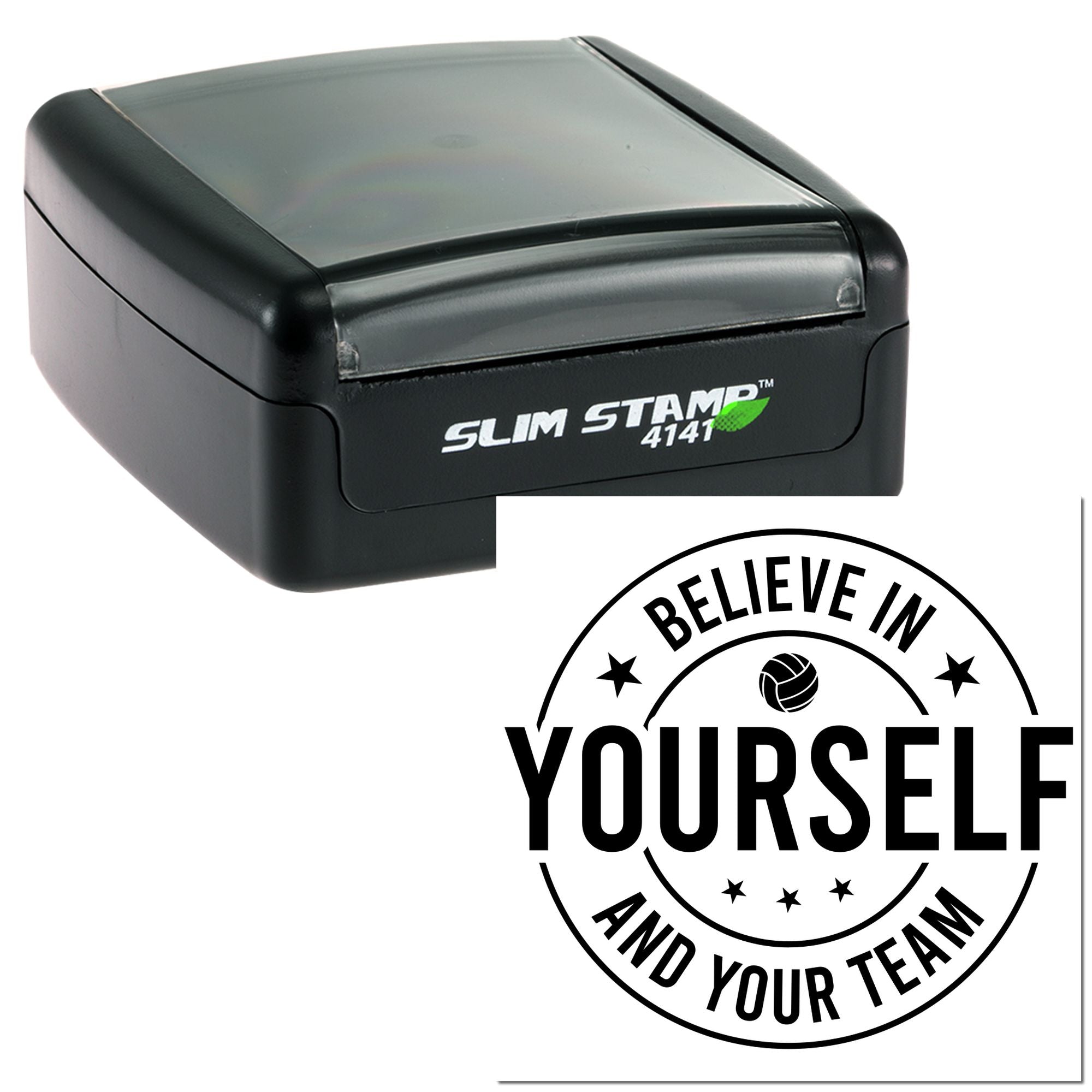 Custom self-inking rubber stamp with volleyball design and motivational text, Believe in Yourself and Your Team.
