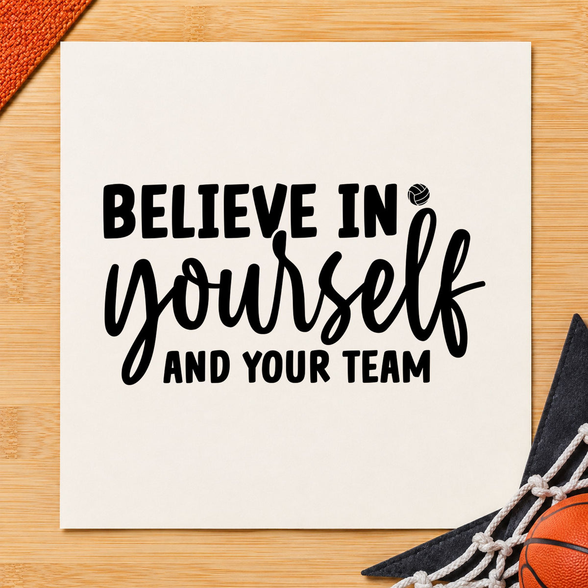 Believe Yourself And Team craft stamp imprint in black ink on a handmade project, one idea being dish share gift tags.