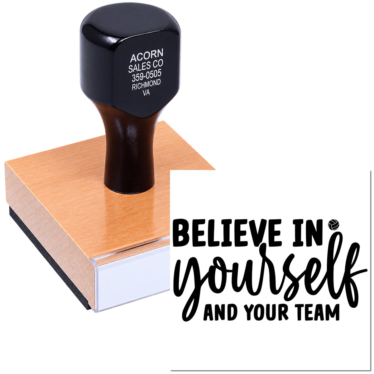 Custom rubber stamp with Believe in yourself and your team volleyball design for motivational team sports and coaching.