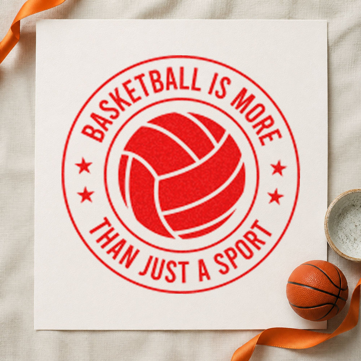 Basketball More Than Sport craft stamp imprint in red ink on a handmade project, one idea being player cheer cards.