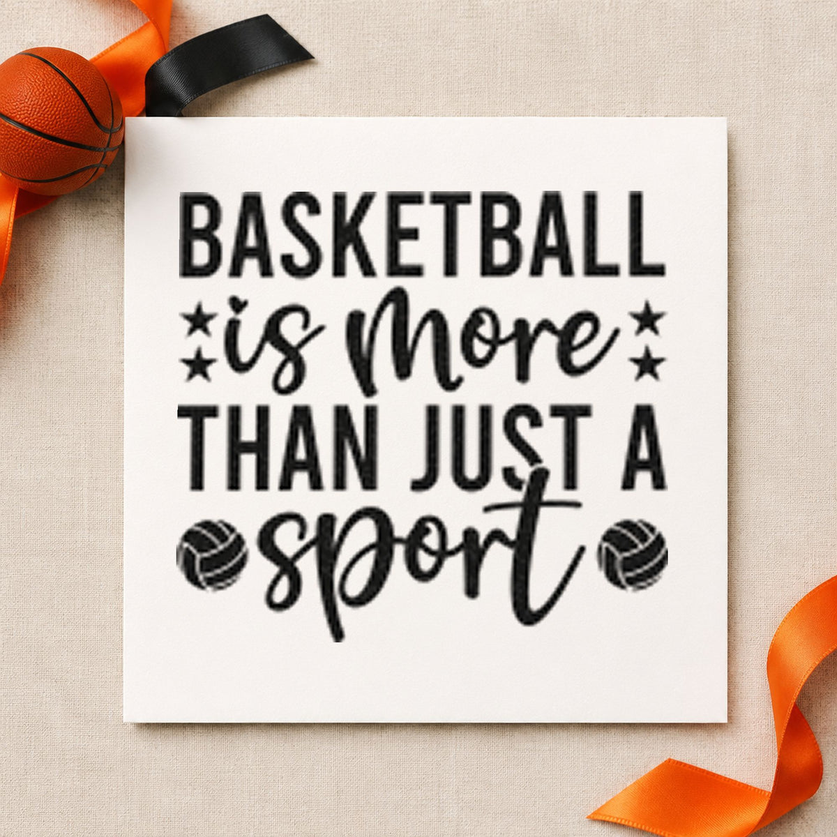 Basketball More Than Sport craft stamp imprint in black ink on a handmade project, one idea being program gift tags.