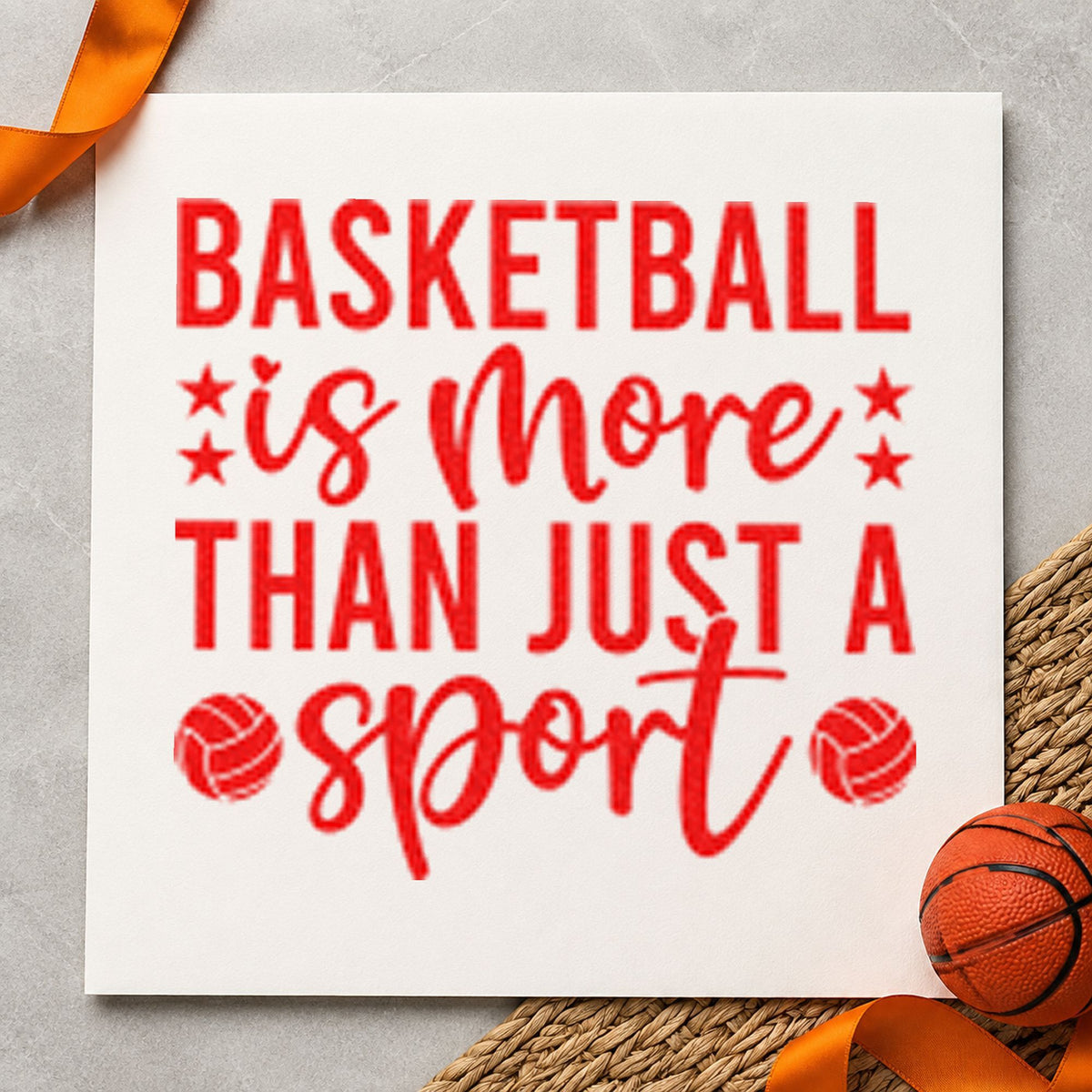 Basketball More Than Sport craft stamp imprint in red ink on a handmade project, one idea being bracket slip cards.