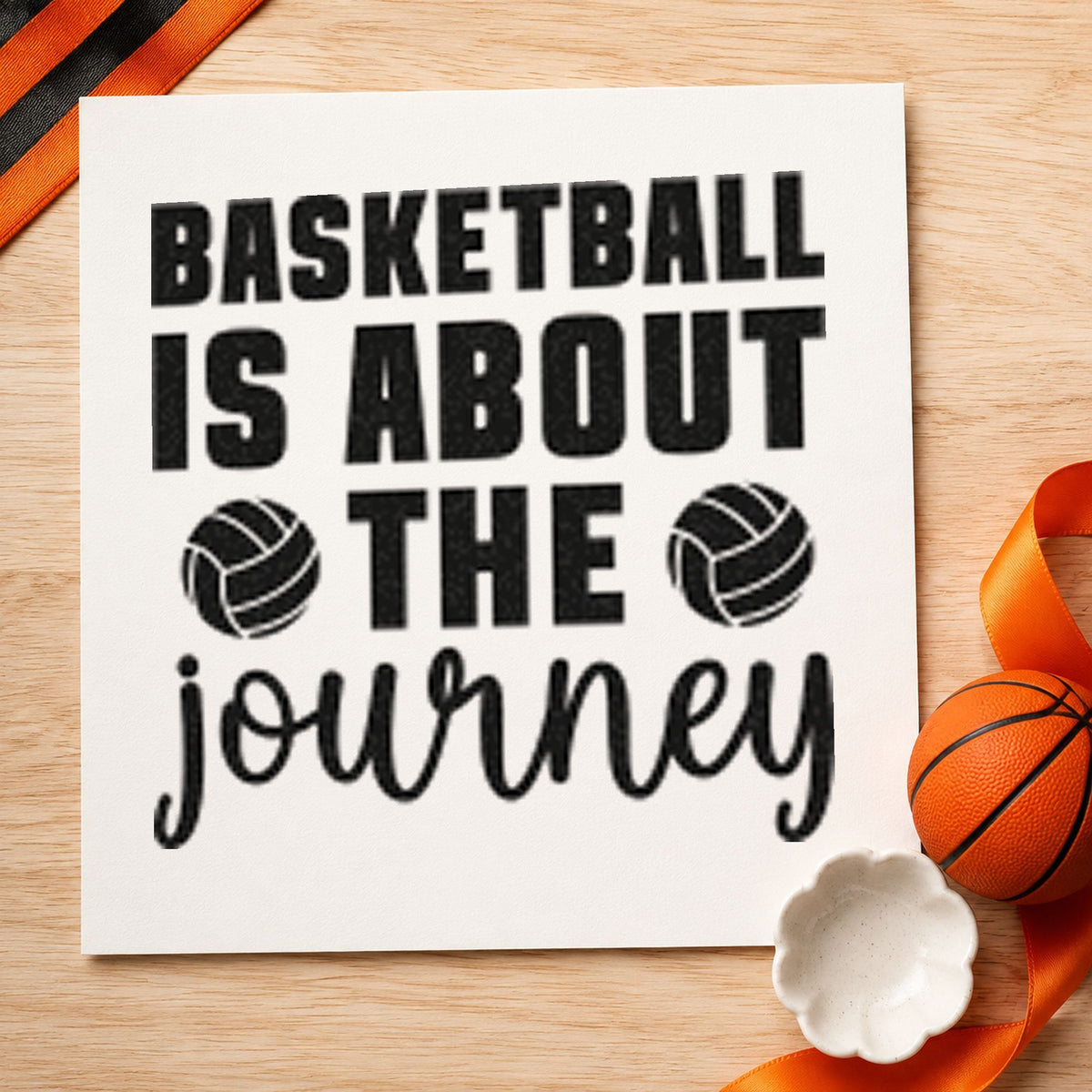 Basketball About The Journey craft stamp in black ink on cardstock, an easy option for stat year album page.