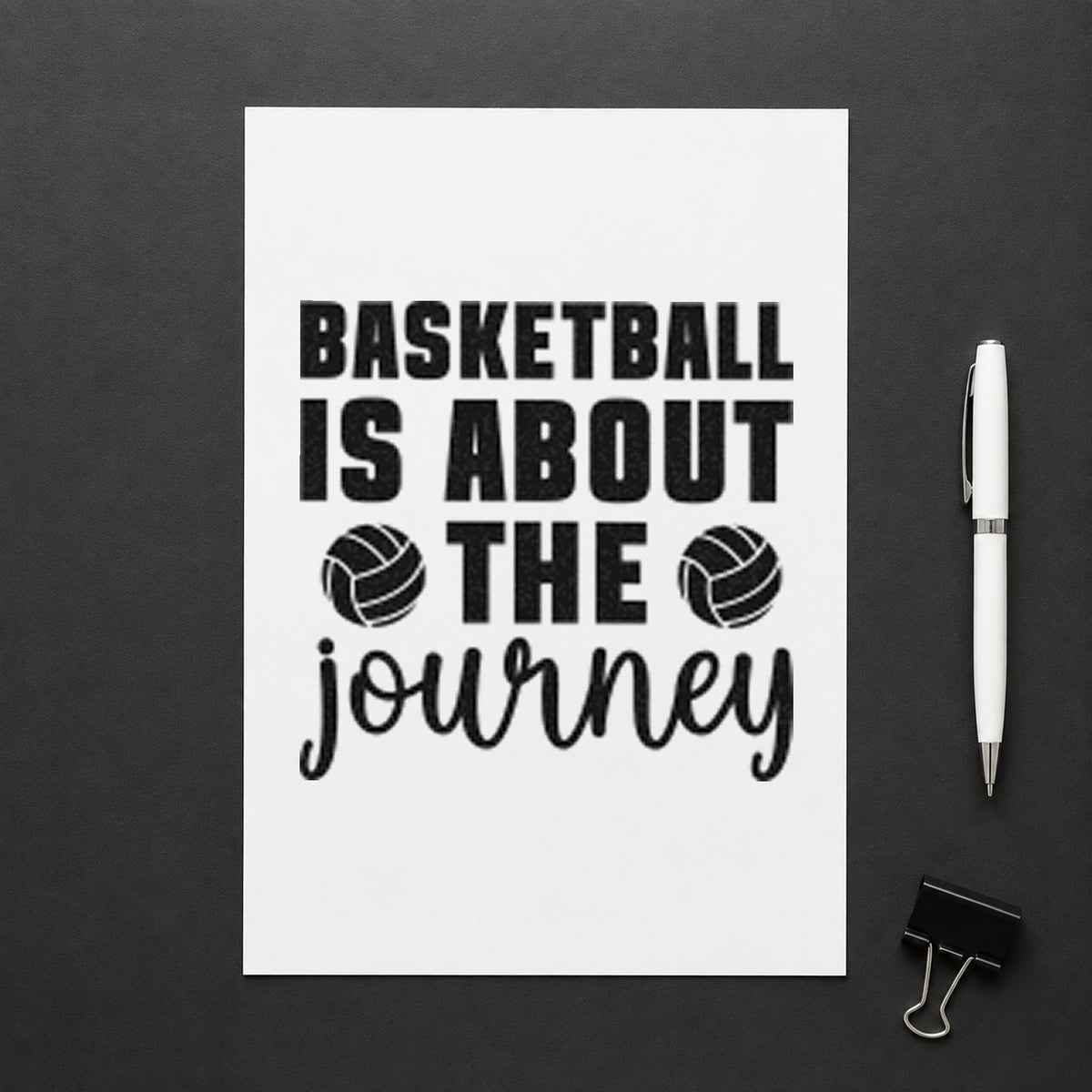 Basketball About The Journey craft stamp imprint in black ink on a handmade project, one idea being crew gift tags.