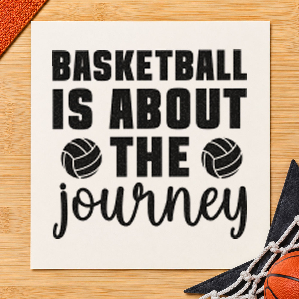Basketball About The Journey rubber stamp printed in black ink, ready for two ball line cards and similar paper crafts.
