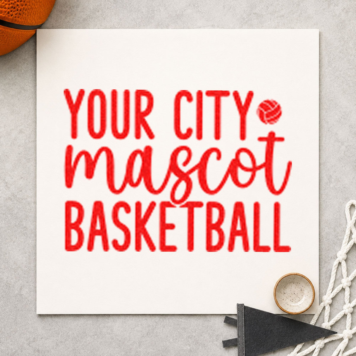 Your City Mascot Basketball rubber stamp shown in red ink, stamped for projects such as rack screen labels.
