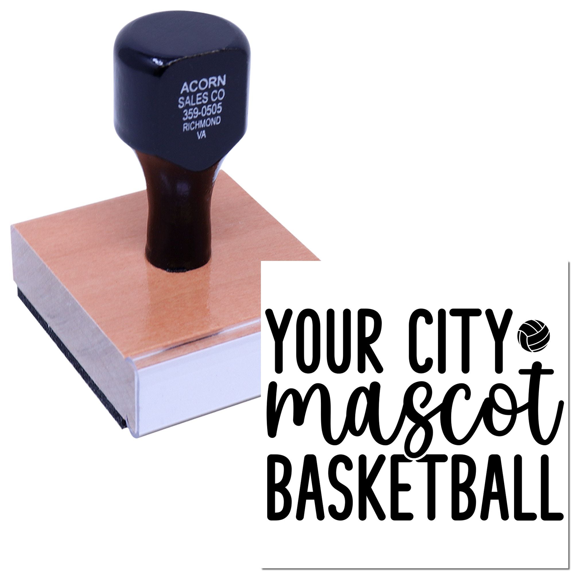 Custom rubber stamp for city mascot basketball branding, shown with mounted stamp and sample impression.