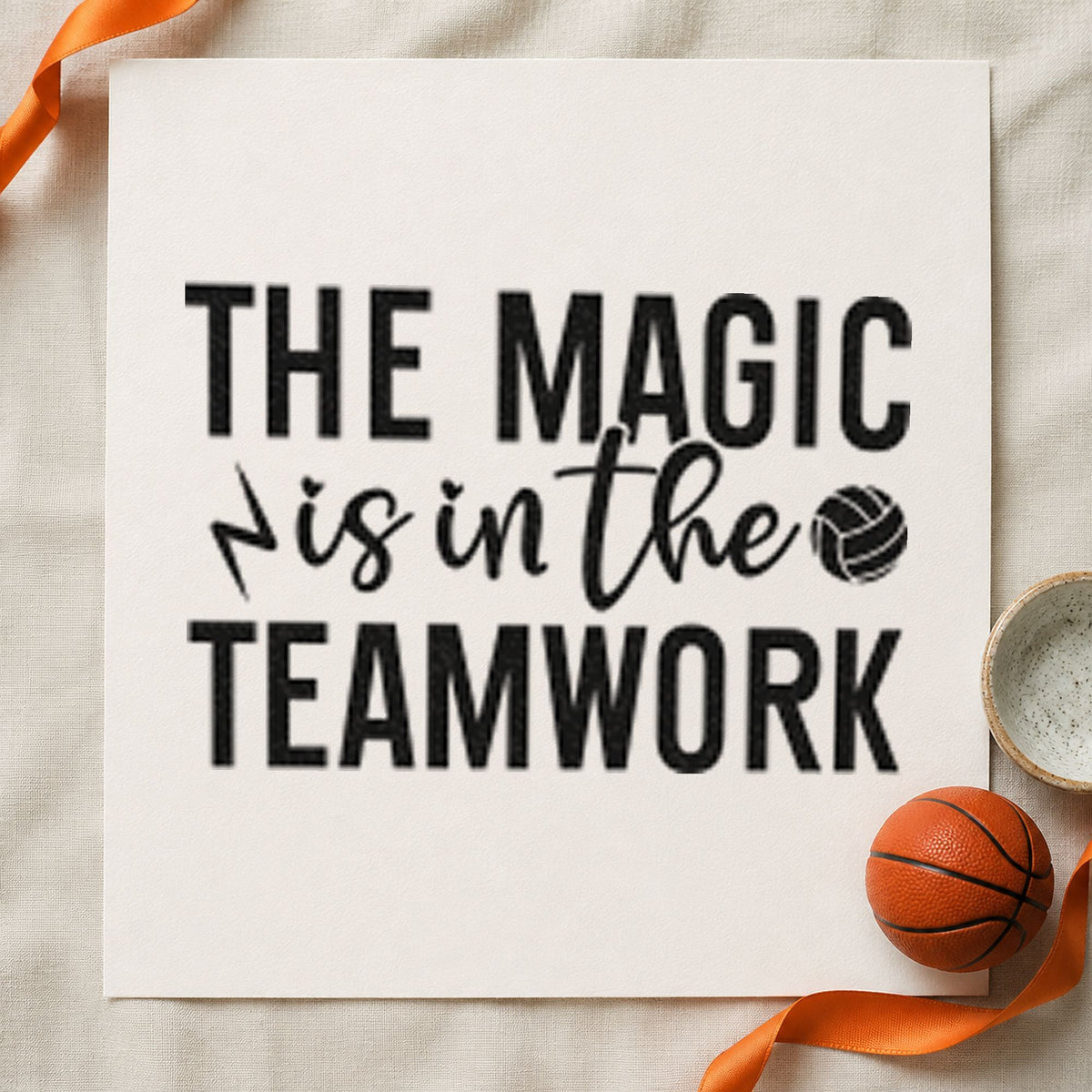Magic Is In Teamwork rubber stamp printed in black ink, ready for bolt ball cards and similar paper crafts.