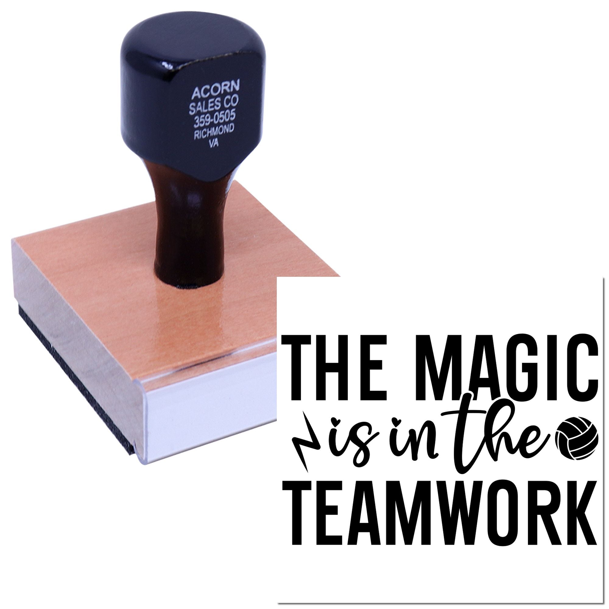 Custom rubber stamp displaying The magic is in the teamwork for office, school, or team appreciation projects.