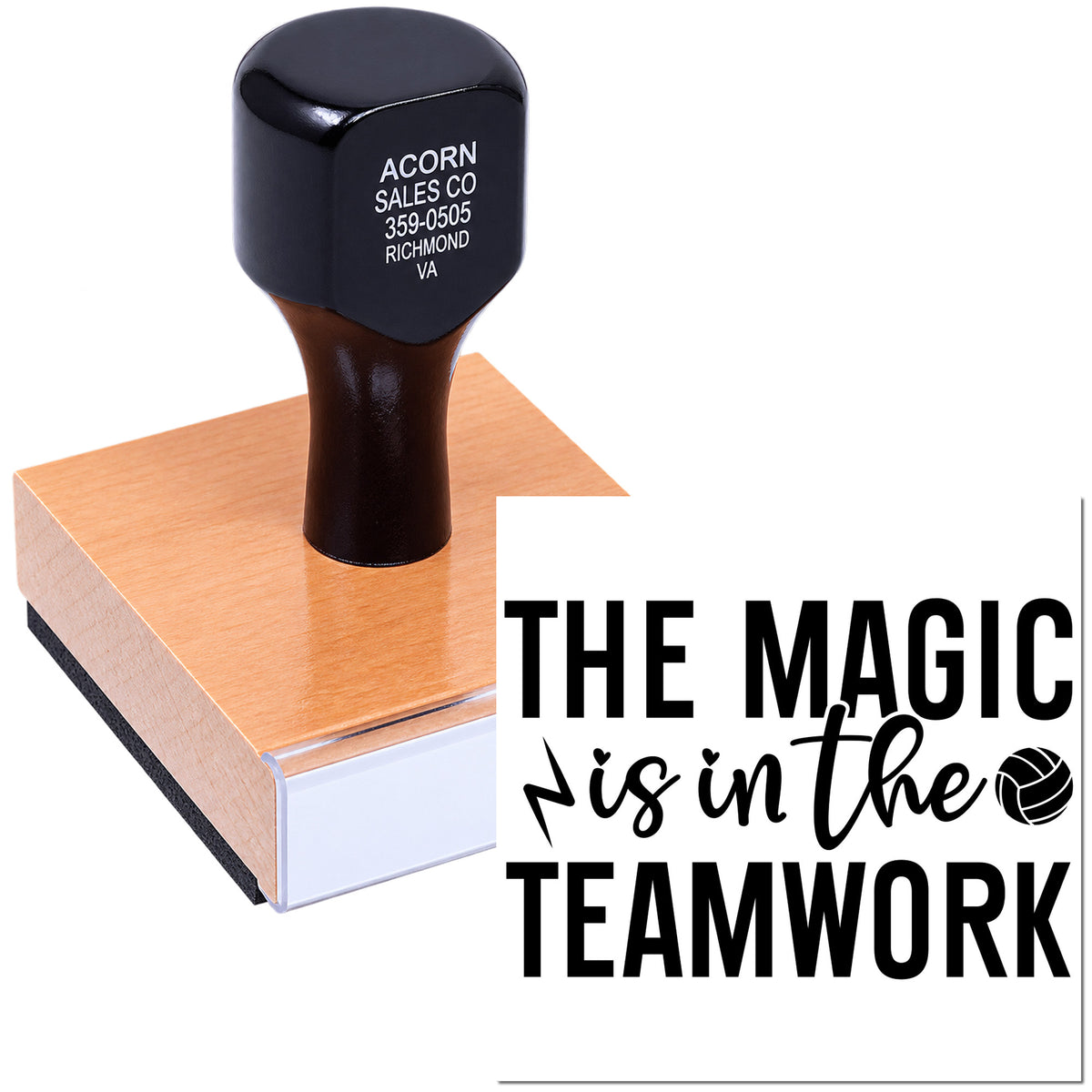 Custom rubber stamp displaying The magic is in the teamwork for office, school, or team appreciation projects.