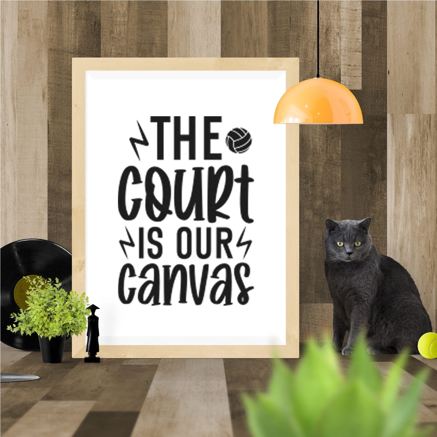The Court Is Our Canvas custom rubber stamp design with bold lettering, lightning bolts, and volleyball icon for sports teams.