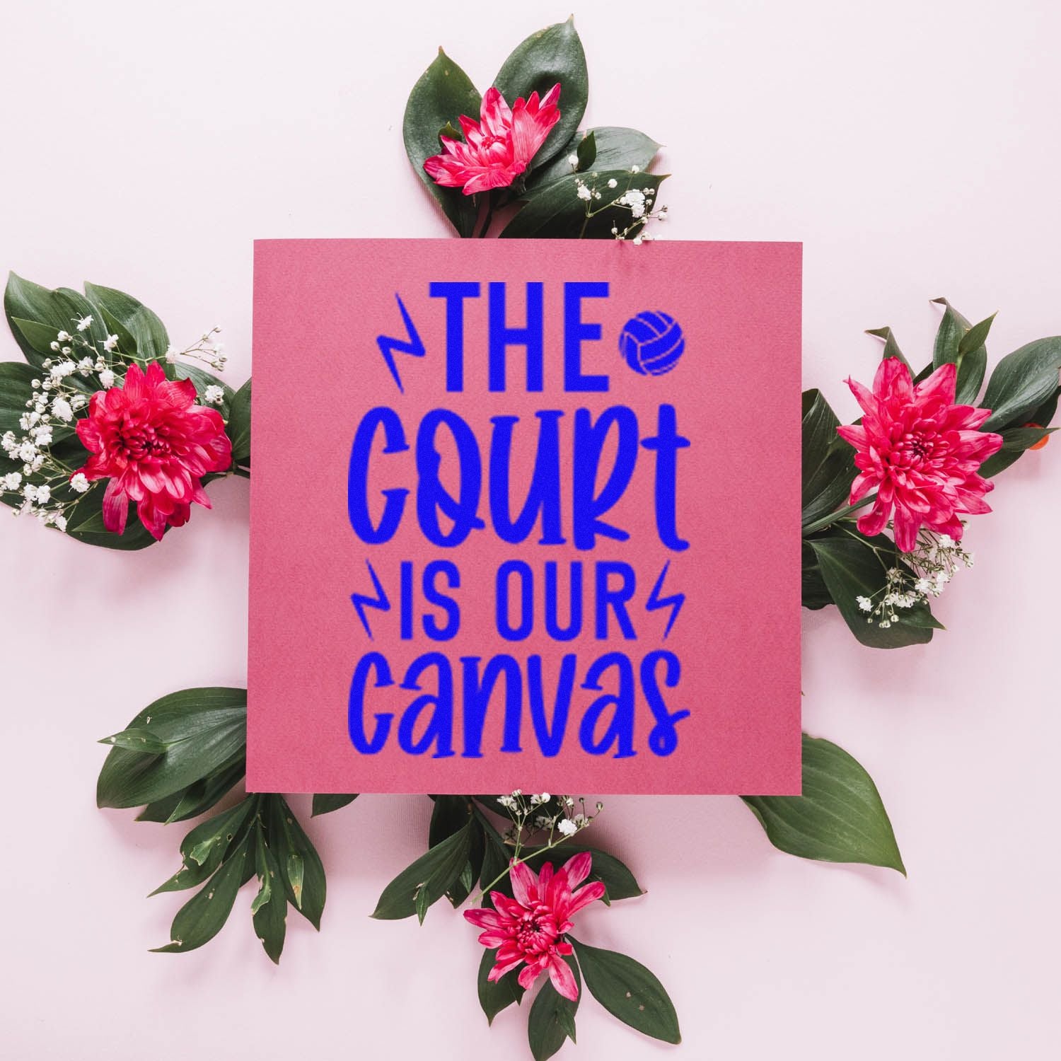 Volleyball rubber stamp design reading The Court Is Our Canvas on pink floral background, ideal for sports craft projects.
