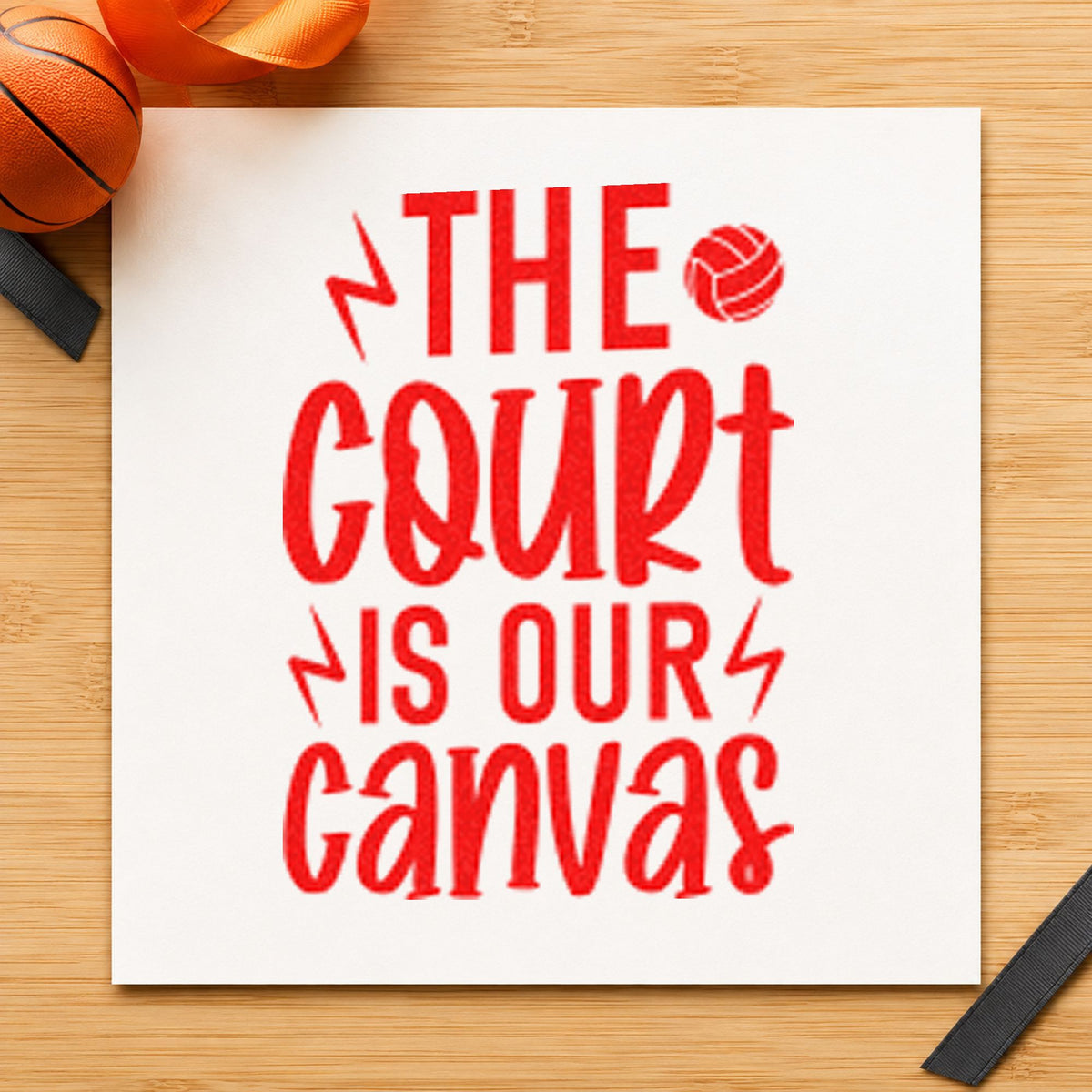 Court Is Our Canvas craft stamp imprint in red ink on a handmade project, one idea being painter thanks cards.