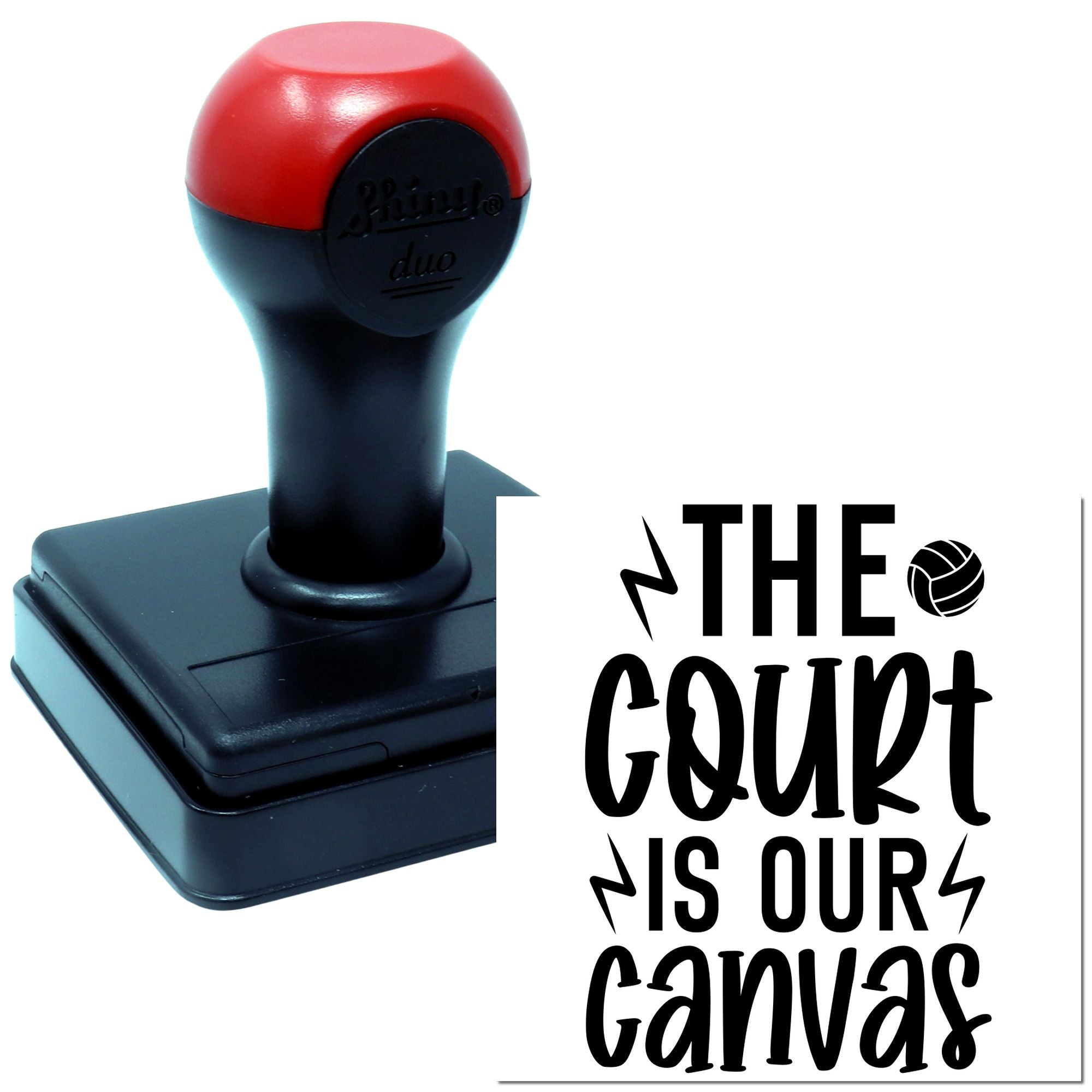 Custom self-inking rubber stamp with The Court Is Our Canvas volleyball design for sports team branding