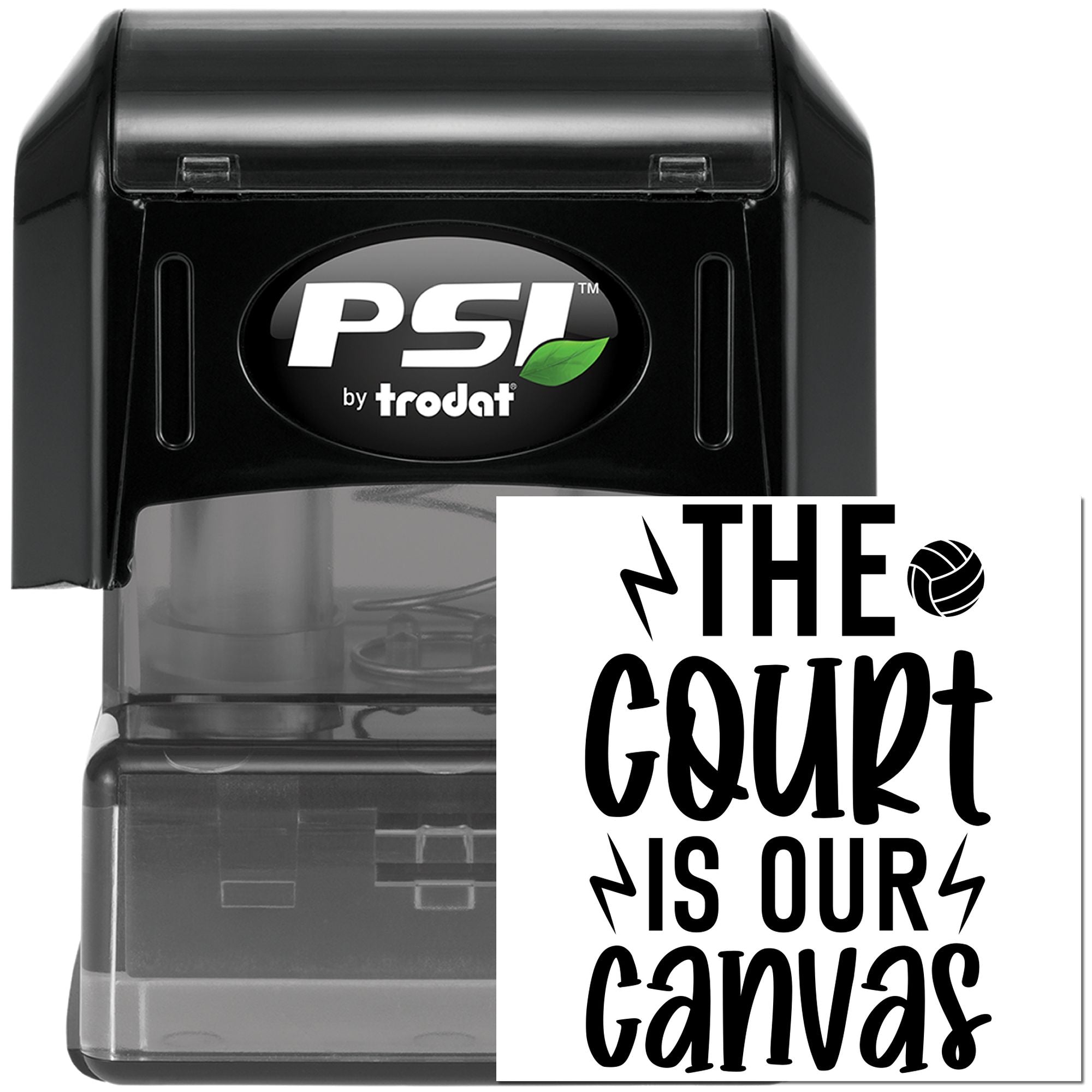 PSI by Trodat custom rubber stamp with The Court Is Our Canvas basketball design for sports team branding
