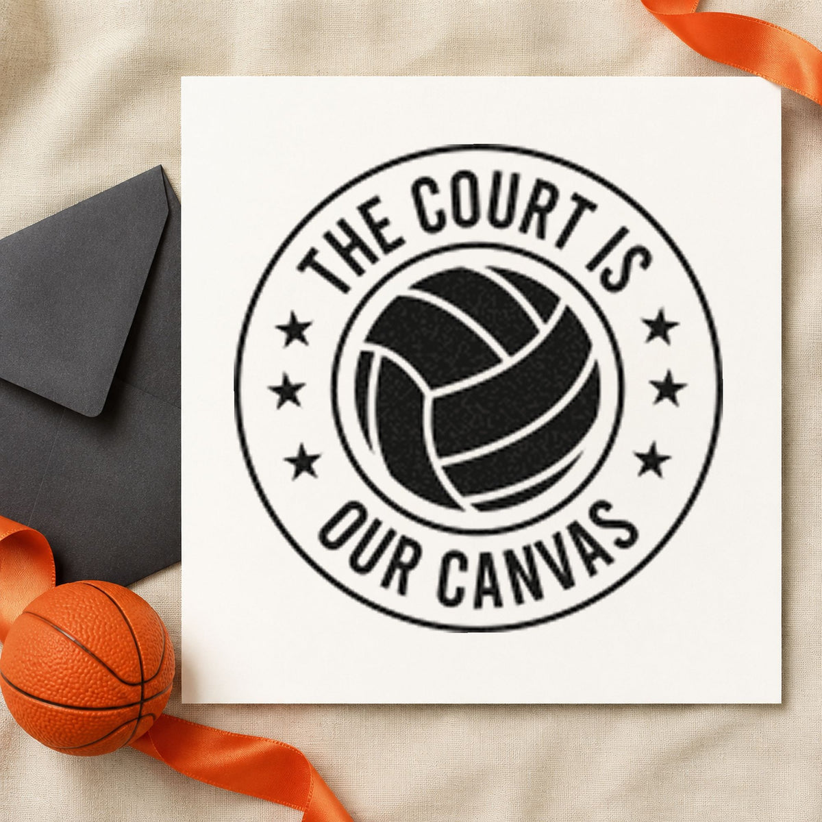 Court Our Canvas Badge craft stamp in black ink on cardstock, an easy option for match photo album page.