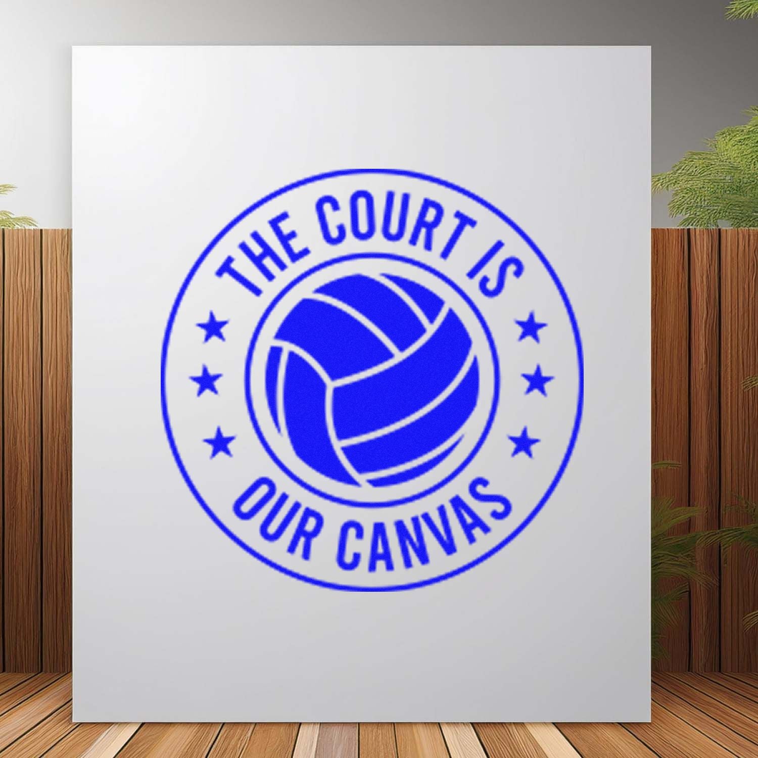Volleyball rubber stamp design reading The Court Is Our Canvas for team branding, sports merch, and custom logo use.