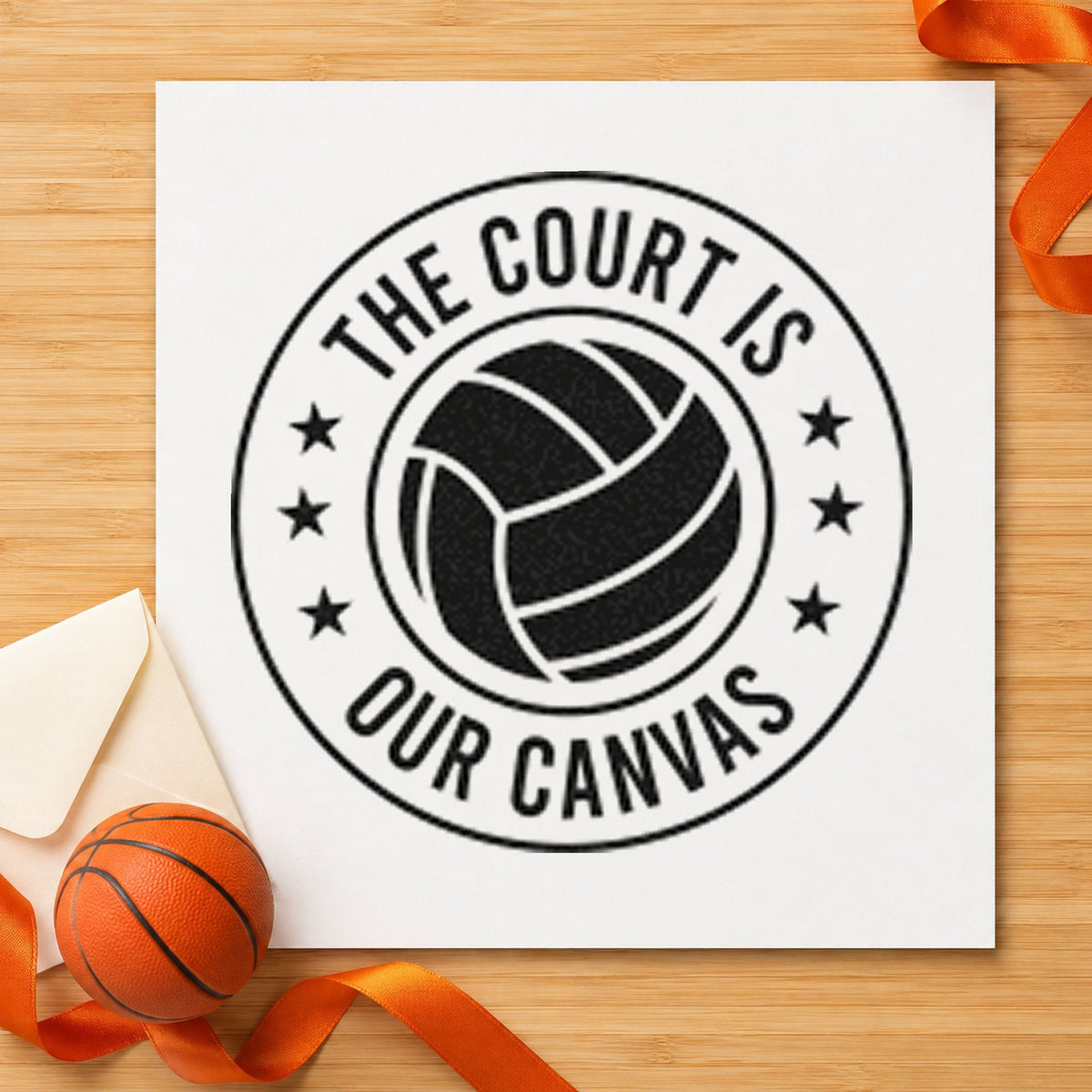 Court Our Canvas Badge craft stamp imprint in black ink on a handmade project, one idea being print pack gift tags.