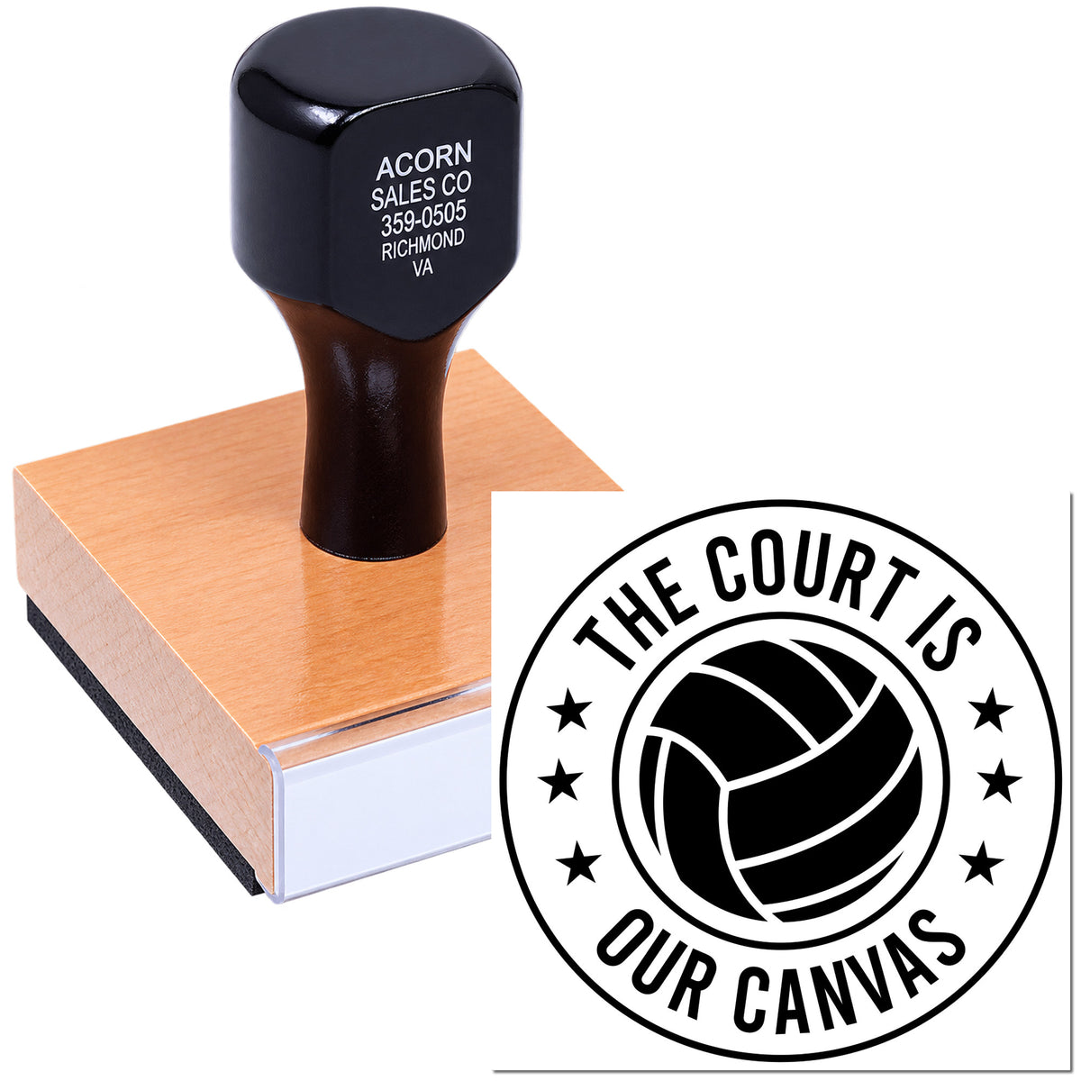 Custom rubber stamp featuring The Court Is Our Canvas volleyball design for team branding and sports crafts.