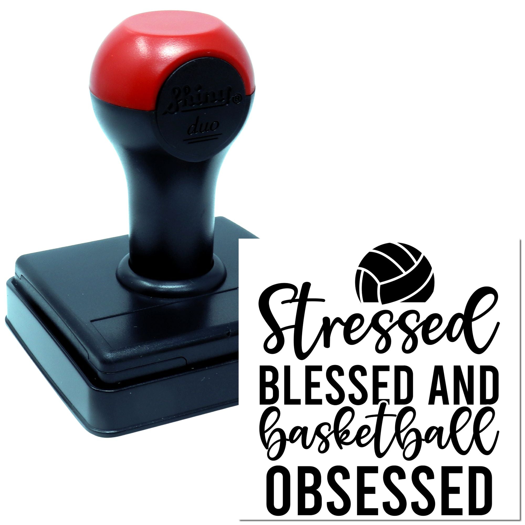 Custom self-inking rubber stamp with Stressed Blessed and Basketball Obsessed design for sports and faith-themed crafts.