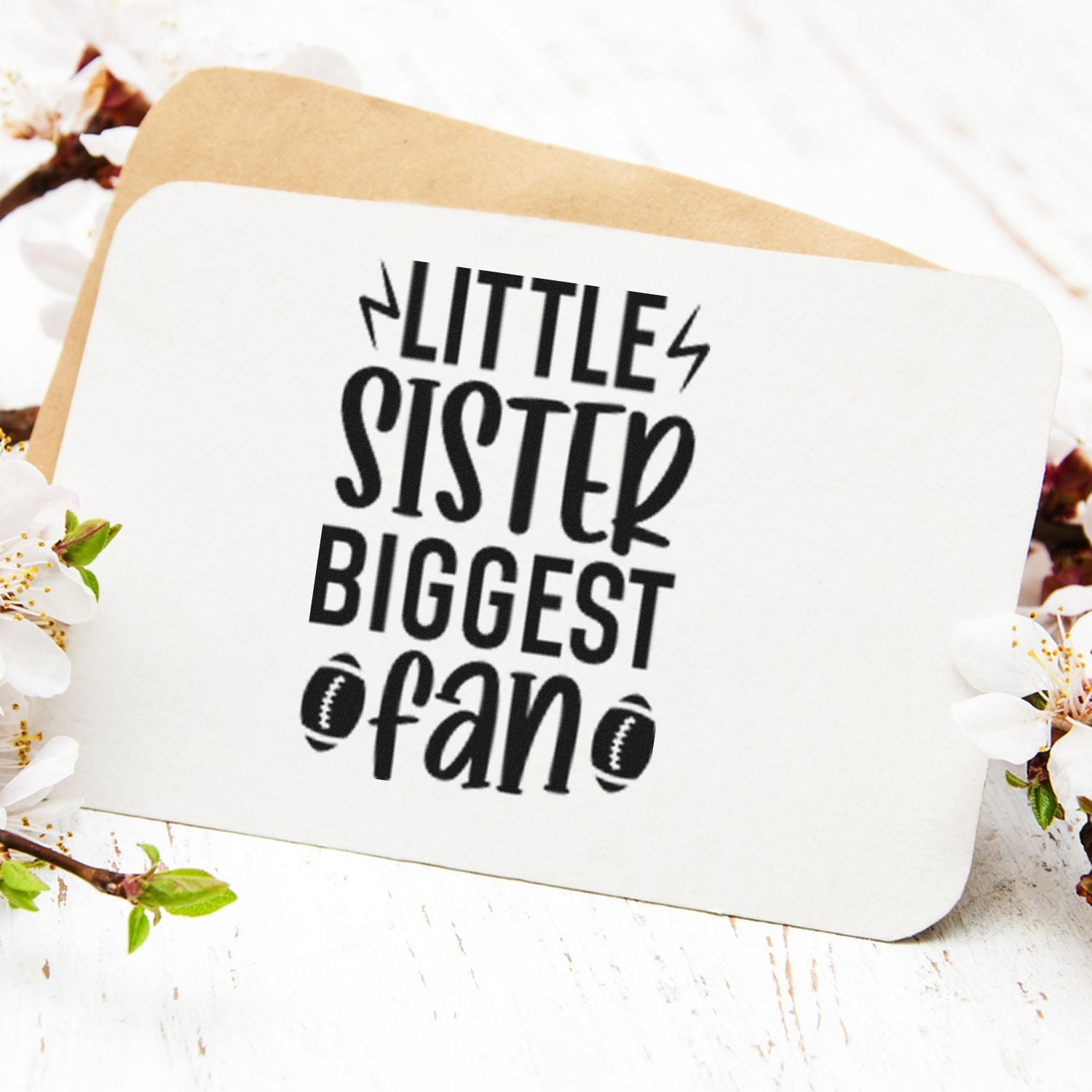 Little Sister Biggest Fan football rubber stamp design for sports-themed sibling cards and gifts.