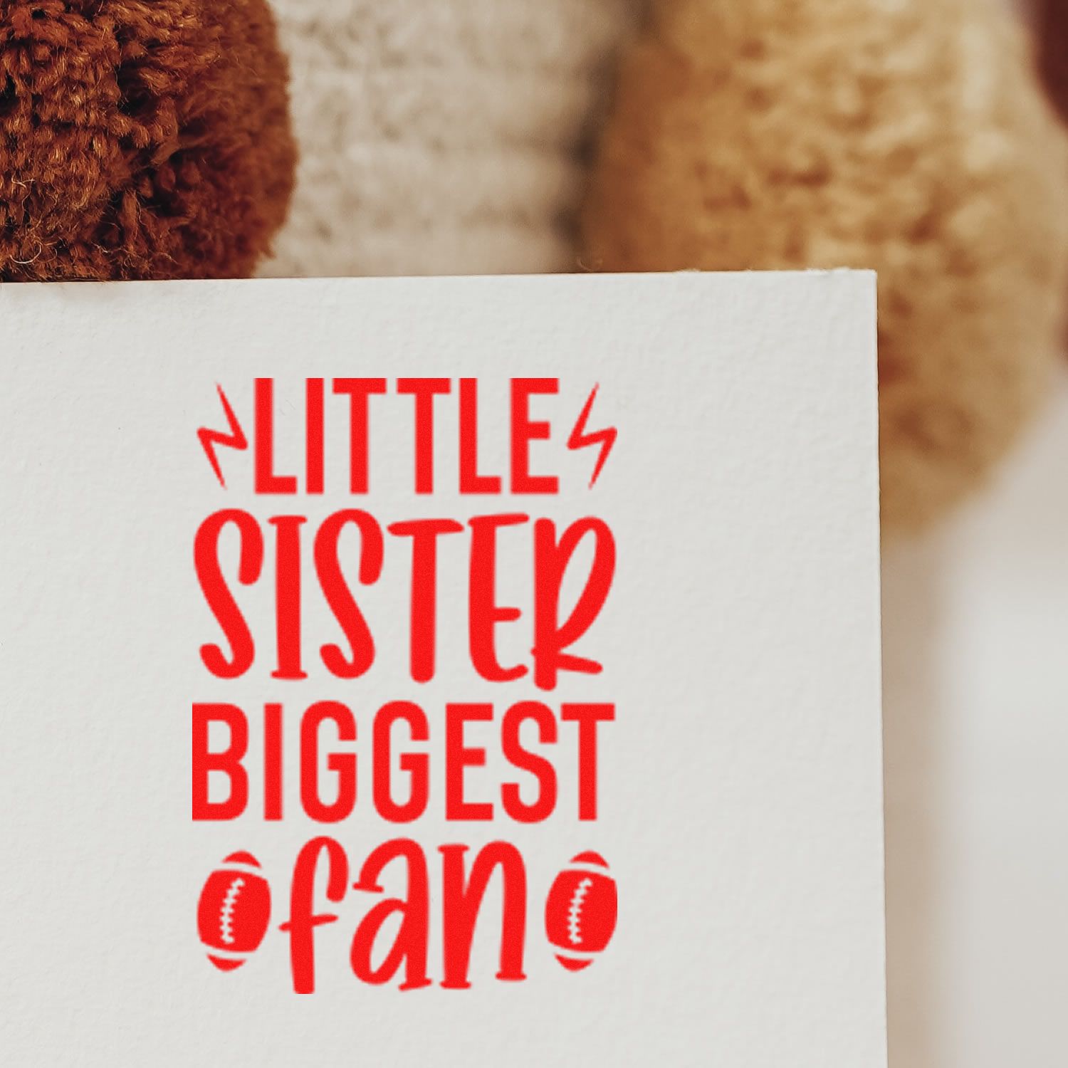 Little Sister Biggest Fan rubber stamp design with football accents for sports-themed cards, gifts and scrapbook projects.