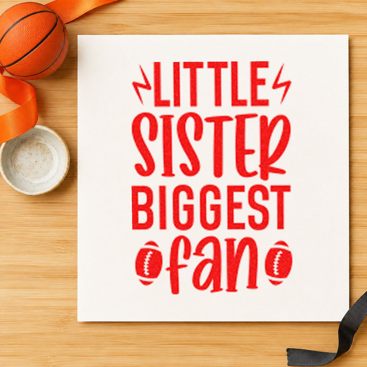 Little Sister Biggest Fan rubber stamp shown in red ink, stamped for projects such as bin fan labels.