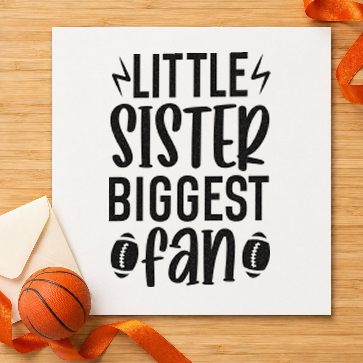 Little Sister Biggest Fan rubber stamp printed in black ink, ready for two football cards and similar paper crafts.